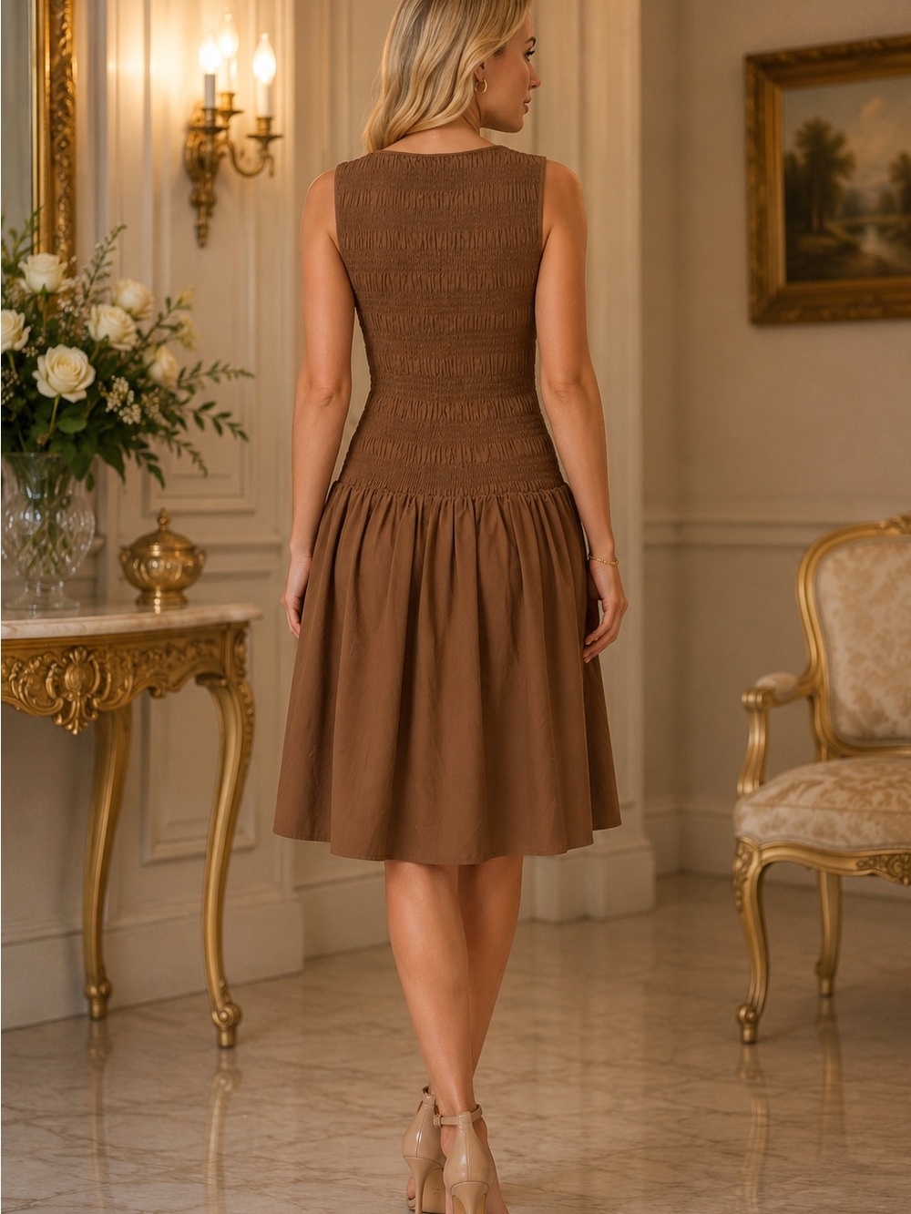 Smocked Bodice Sleeveless Midi Dress in Brown - Picture 3 of 5